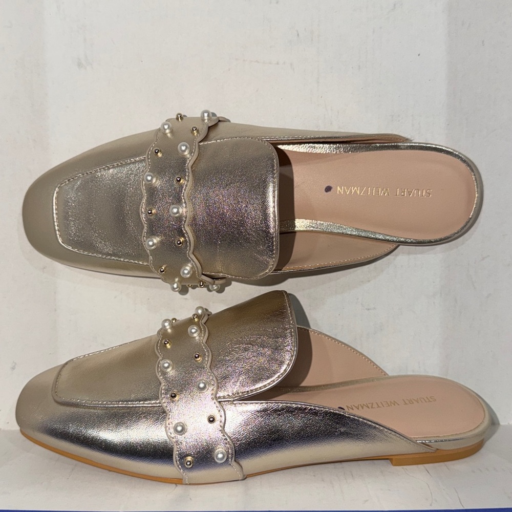 🔥🔥🔥NEW Stuart Weitzman Pearls Gold Metallic Slides Mules Sandals Size 5.5